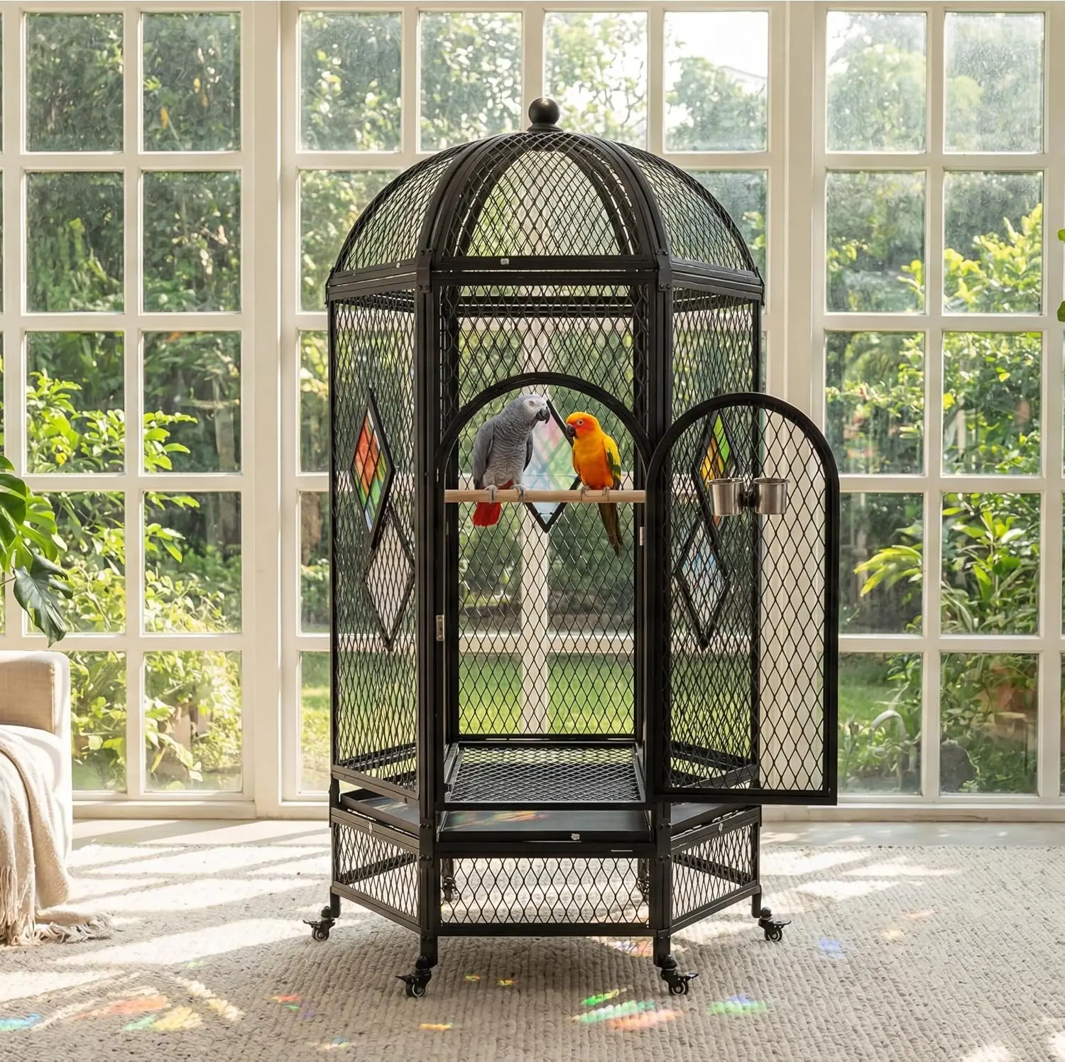 69" Dome Top Bird Cage for Large Parrots, Heavy Duty Iron Aviary on Wheels with Rolling Stand & Slide-Out Tray for African Greys, Cockatoos, Macaws, Indoor Outdoor Use, Black