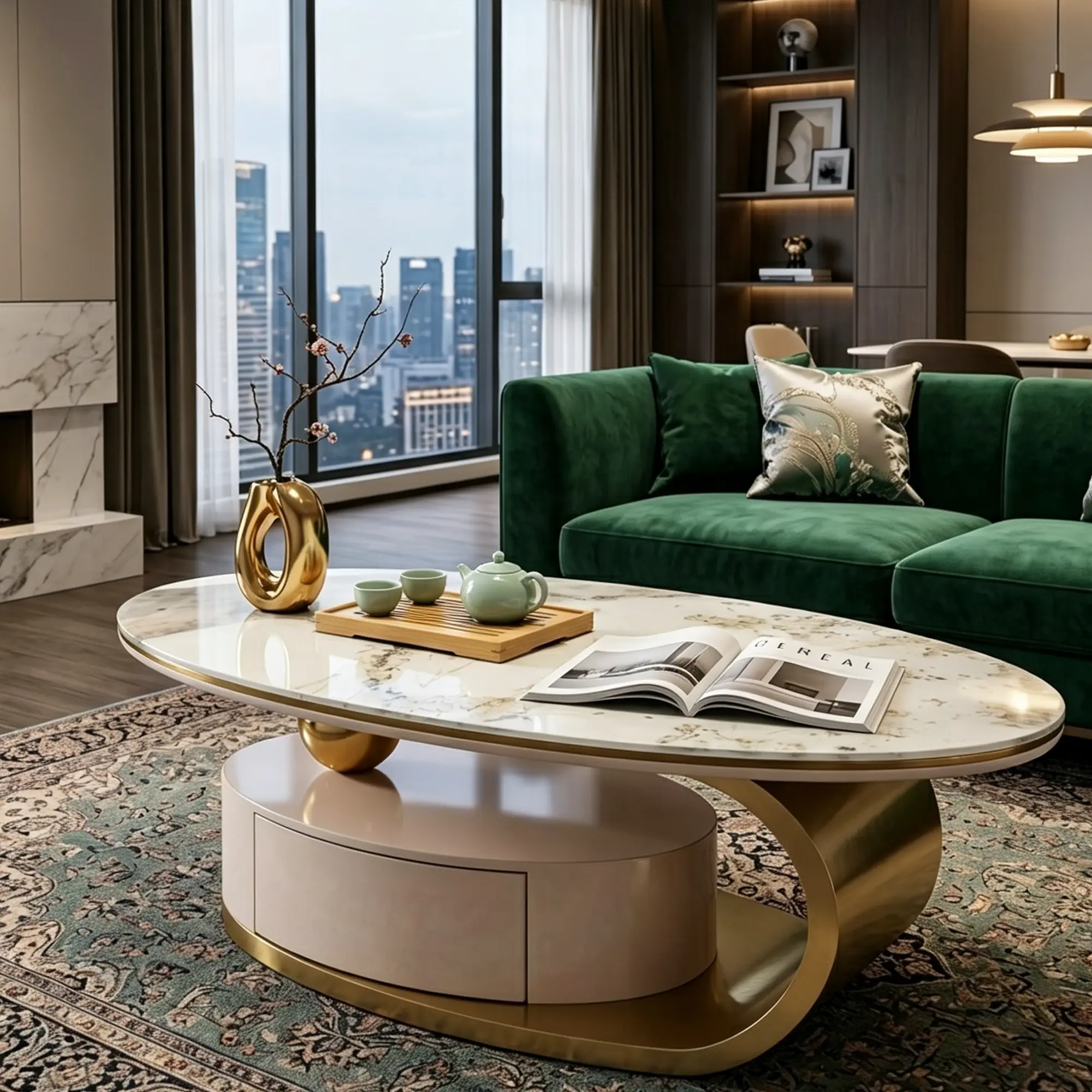 47-Inch Modern Oval Coffee Table with Storage Drawer - White Glass Flat Top, Gold Metallic Frame, Clean Design, Cool Toned Aesthetic, Easy Assembly Luxury Accent Indoor Furniture for Living Room, Coffee Table Decor