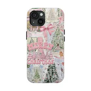 Pink Merry Christmas Phone Case – Aesthetic Holiday Design with Cute Pink Trees, Bows & Gingerbread, Cozy Winter Wonderland iPhone Samsung Cover, Whimsical Pastel Xmas Vibe, Retro Holiday Gift for Her & Him, Perfect Christmas Accessory