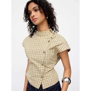 Cider 100% Cotton Plaid Stand Collar Tie Back Blouse