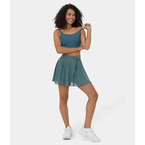 Halara High Waisted Drawstring Contrast Mesh 2-in-1 Side Pocket Flowy Mini Flare Casual Skirt