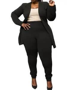 Plus Size Open Front Blazer & Skinny Pants 2-Piece Set in Black for Women