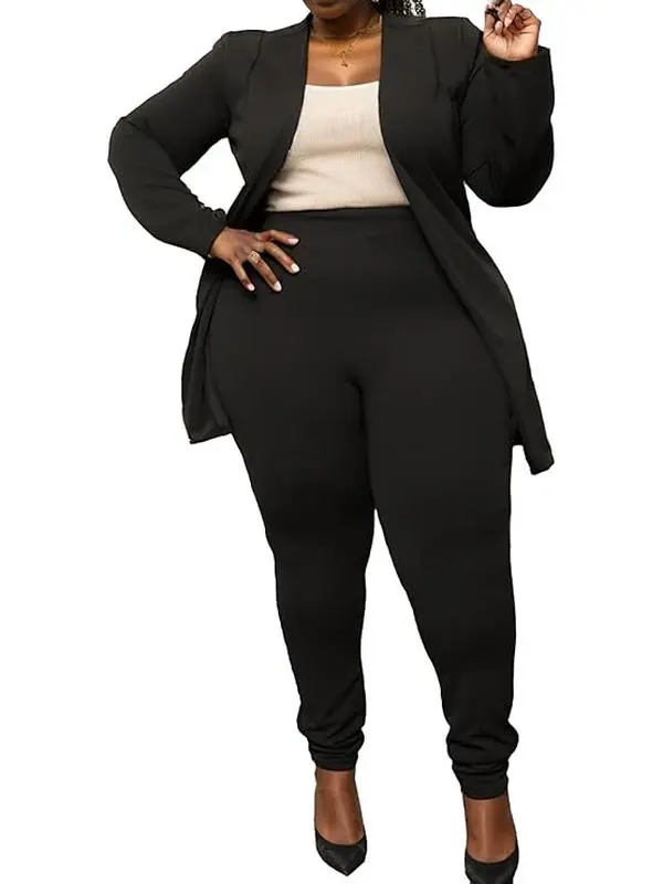 Plus Size Women's 2-Piece Suit Set, Textured Open Front Blazer & High Waisted Skinny Pants, Wrinkle-Resistant Formal Office Wear, Formal Attire, Long Sleeves, Casual Wear, L, Polyester, Business, Solid, Collarless