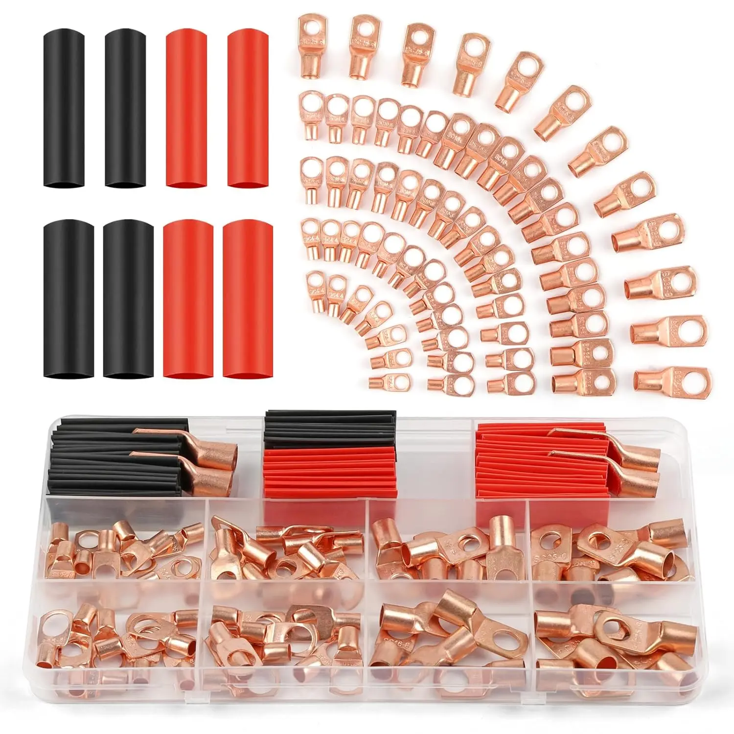 Pure Copper Wire Lugs Terminal Connectors Set (260Pcs) - AWG12-2 Compatibility, 120Pcs Lugs, 140Pcs Heat Shrink Tubing, Cable Entry, Checking Cable Place, Easy to Use, Maximum Conductivity, Corrosion-Resistant