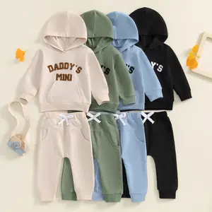 Baby Toddler Boy Fall Winter Hooded Clothing Set 0 6 12 18 24 Months 2T 3T Letter Embroidery Long Sleeve Hoodie and Elastic Sweatpants 2 Piece Outfits