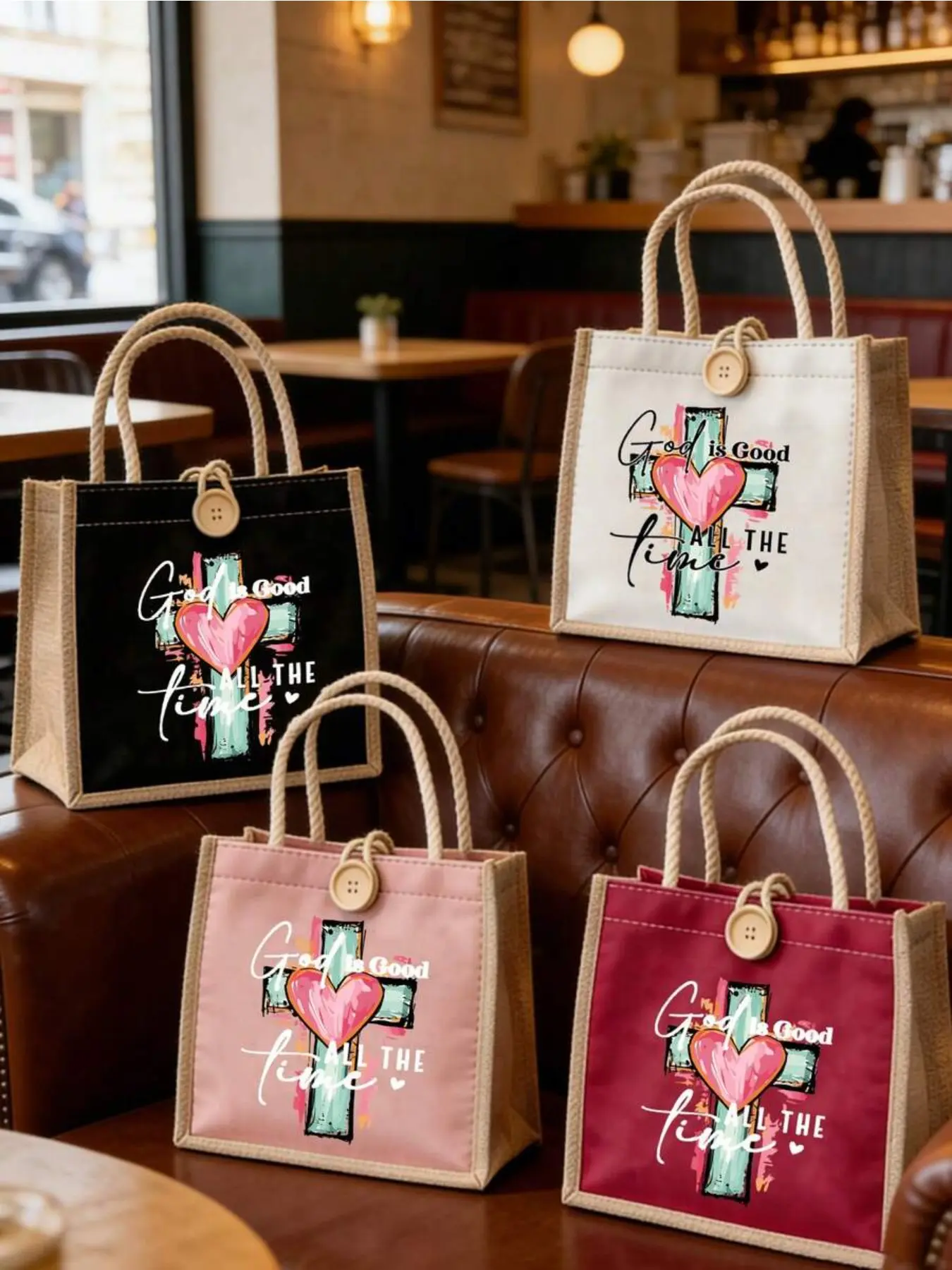 Christian Canvas Carryall Tote Bag with Cross and Heart Print, Reusable Faith-Inspired Fashionable Bag, Church & Daily Use, 4 Colors Available
