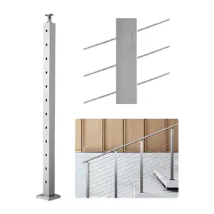 fathersdaygift VEVOR Cable Railing Post, 42x2x2 Inch Stair Railing Post, with Pre-Drilled 30 Angled Holes, Stainless Steel Cable Rail Post with Horizontal and Curved Bracket, 1-Pack, Silver, 1JZLGZXYS1062TLWC001V0