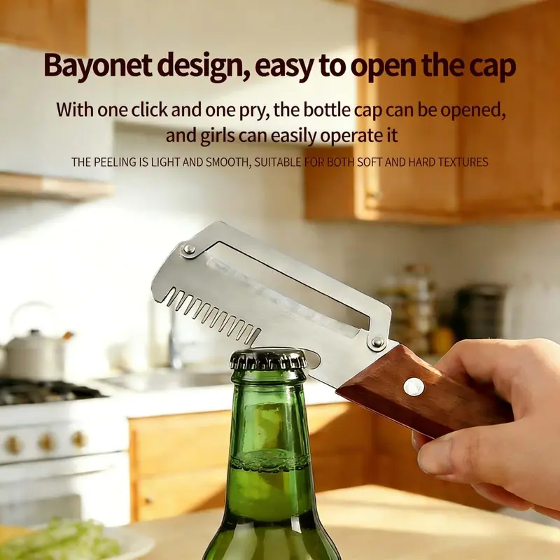 Multifunctional Vegetable Peeler，With wooden handle & bottle opener and grater 3 in 1 kitchen gadgets for potatoes pumpkinsp garlic sugarcane pineapples carrots and other vegetables or fruits