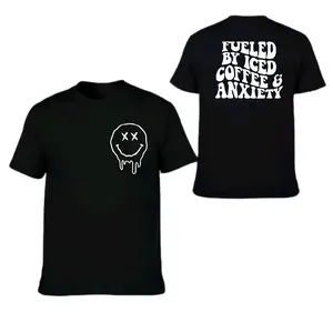 funny short sleeve shirt fueled by iced coffee and anxiety humor sarcasm wavy lettering retro smiley short sleeve tshirt