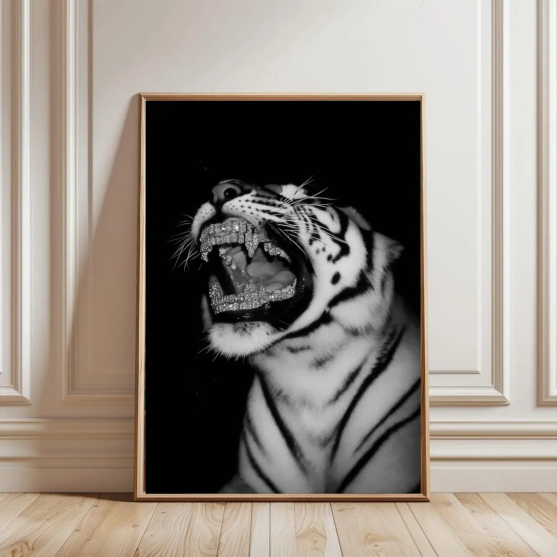Artistic Tiger Paper Poster, Diamond Teeth Print, Vintage-modern Home Supplies Wall Art, Ideal For Kid Room Wardrobe Decor, Gift-worthy Map-themed Accent