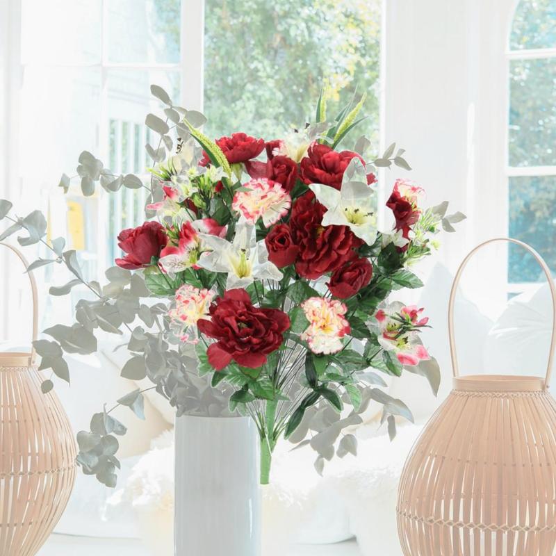 40 Stems Artificial Full Blooming Lily, Rose Bud, Carnation & Mum with Greenery Mixed Flower - Burgundy & Cream