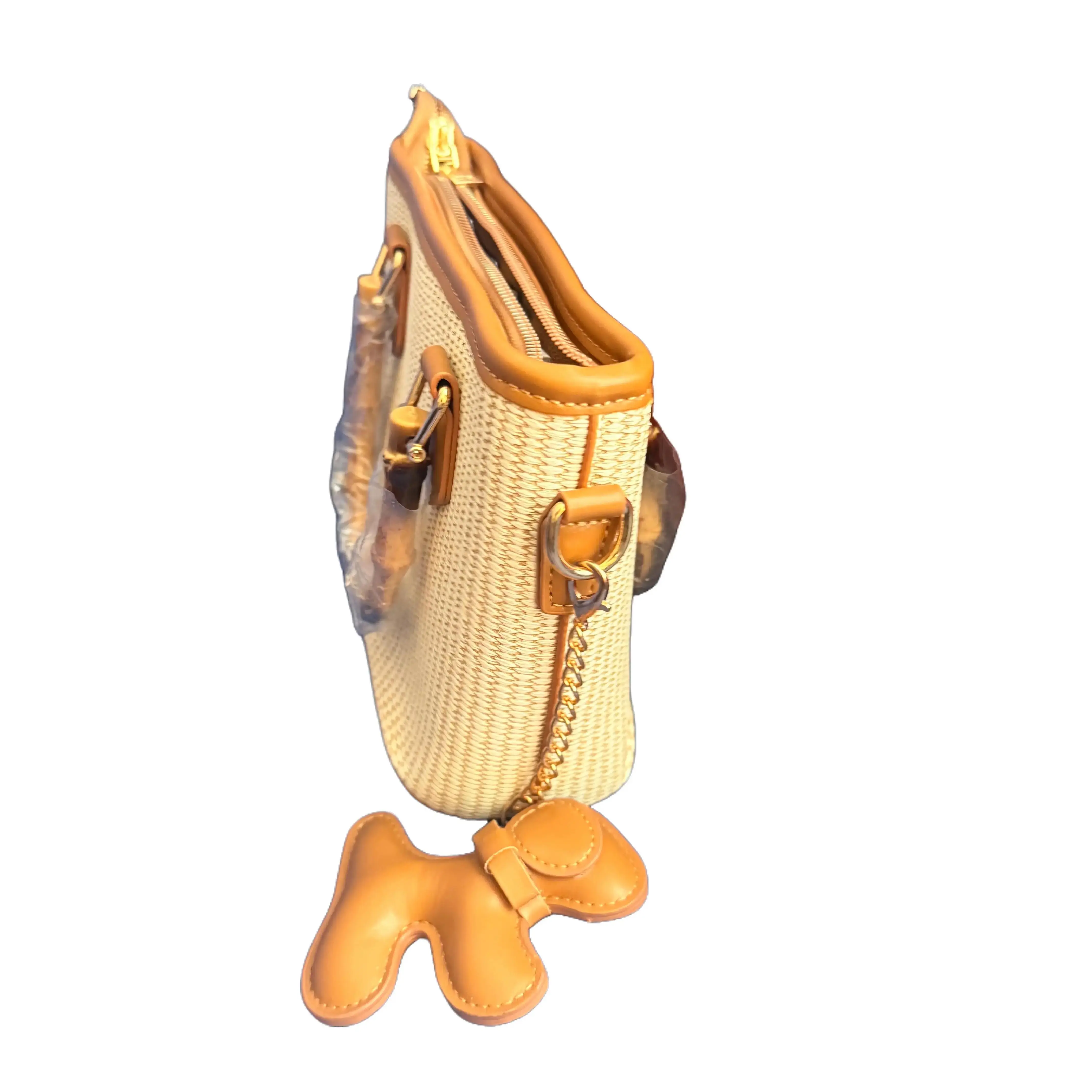 Fashion Raffia Crossbody Bag with Leather Accents and Detachable Strap for Everyday Use
