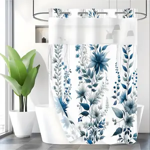 LVRLVR 1pc Modern Blue Floral Leaf Shower Curtain with Sheer Top Window, Detachable Liner & No Hook C-Ring, 70.8" x 74"