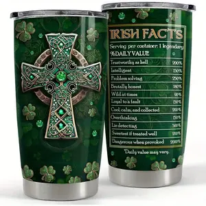 1pc Irish Facts Celtic Cross Stainless Steel Tumbler 20oz with Lid - Reusable Shamrock & Celtic Knot Design, Humorous Irish Legend Quotes, Hand Wash Only, Gift for Women, Birthday, Christmas, St. Patrick's Day, Festive Drinkware, Festive Design