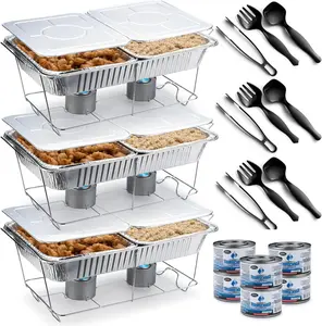 Disposable Chafing Dish Buffet Set with 3 Trays 6 Pans 6 Covers 3 Tongs 3 Spoons 3 Forks and 6 Heat Cans for Easy Serving