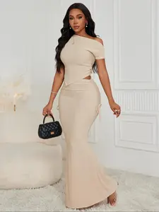 Two-piece Set Women's Solid Asymmetrical Neck Crop Tee & High Waist Mermaid Skirt Set, Elegant Fashion Hanky Hem Short Sleeve Top & Ruched Drawstring Skirt for Daily Outdoor Wear, Ladies Clothes for All Seasons