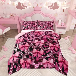 Bowknot Comforter Set Leopard Bedding Set for Kids Boys Girls Bow-tie Duvet Quilt Cheetah Bedroom Decor Microfiber
