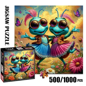 1pc 1000 piece adult puzzle 58x58cm Cute Blue Alien Insects in Dresses with Sunglasses and Butterflies 500 pieces of paper puzzle, suitable for adults and families, large-scale DIY puzzle interactiv