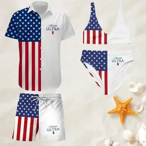 Michelob Ultra Matching Couple Swimwear Set, American Flag Patriotic Design Short Sleeve Shirt, Swim Trunks & High Waisted Bikini, Perfect Vacation Gift for Him and Her