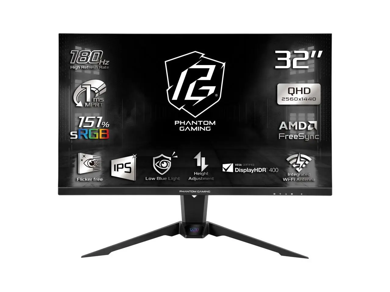 ASRock Phantom Gaming 32 inch QHD 2K 1440P 180Hz IPS AMD FreeSync (Adaptive Sync) 97% DCI-P3 151% sRGB Built-in Speaker Gaming Computer Monitor with Height Adjustable, Swivel & Tilt Stand PG32QFT
