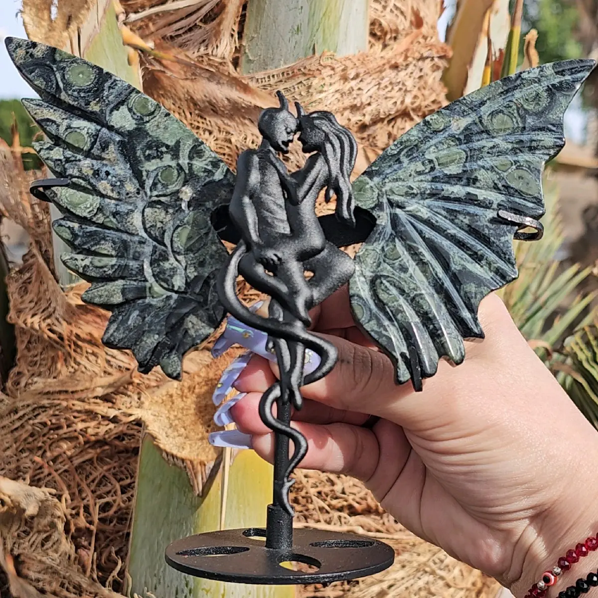 Kambaba Jasper Wings with Devil and Angel Stand - Natural Stone Statue