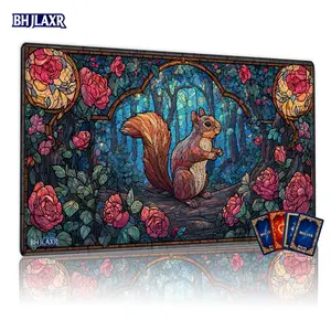 Stained Glass Forest Squirrel MTG Playmat Gaming Mouse Pad 12x24inch - Non - Slip, Ideal for TCG Games, Family Gatherings & Gifting, Whimsical Artistic Design with Rose Panels