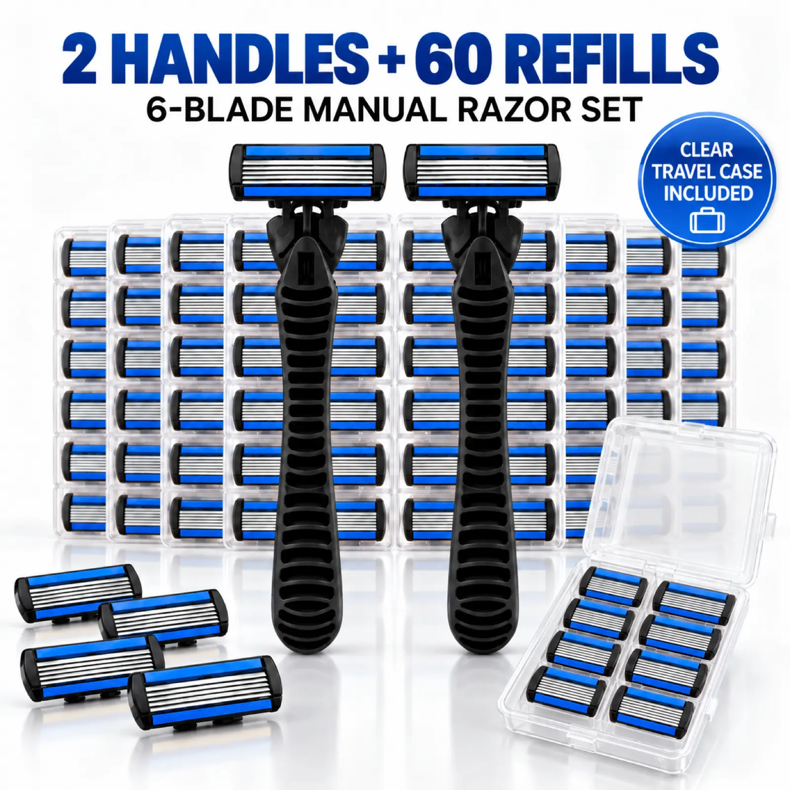 Men’s Manual Razor & Refill Options, 6-Blade 2-Handle 30/60 Refill Sets with Blue Aloe Strip, Fixed Head & Clear Travel Case