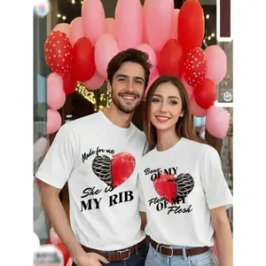 Couple Outfit, 100% Cotton Romantic Couple Matching "Heart Letters" Printed T-Shirt - Casual Crew Neck Short Sleeve, Machine Washable - Perfect For Valentine's Day, Valentine's Day T-Shirt Holiday Gift For Him Her