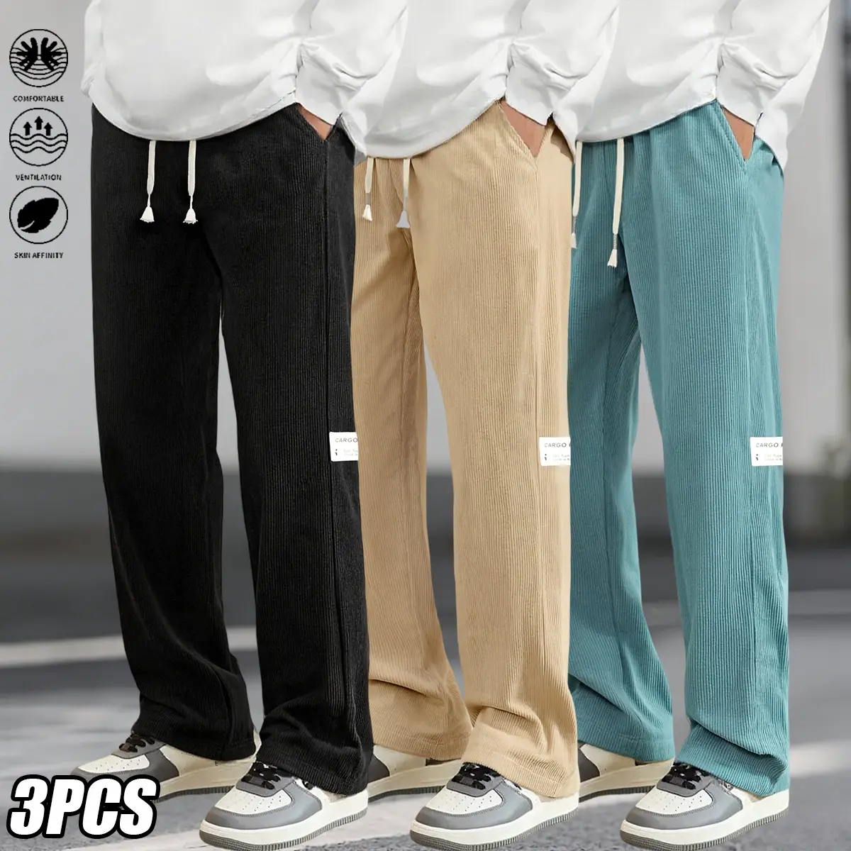 Men's 3Pcs Casual Sport Jogger Corduroy Pants with Side Pockets and Drawstring Waist, Perfect for All Seasons, Outdoor Sports, Casual Outings, and Daily Wear, American Style, Sport & Outdoor