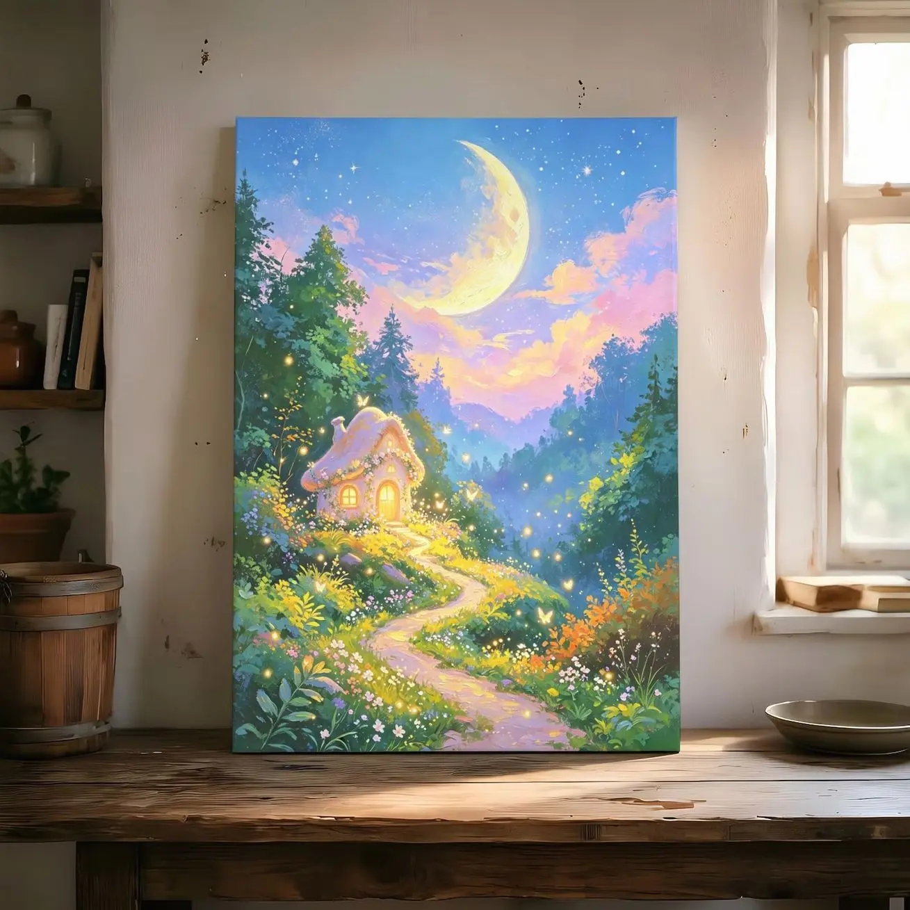 Whimsical Fairy Cottage Canvas Wall Art, Crescent Moon Enchanted Forest Scene, Magical Cottagecore Decor for Bedroom or Reading Nook