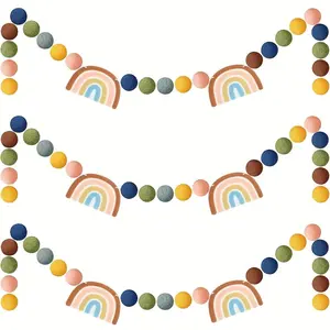 Boho Rainbow Pom-Pom Wreath, First Day of School Decor, Vintage Boho Classroom Decoration, Back-To-School Wreath, Includes 5 Rainbows and 36 Poms, Decoration Props