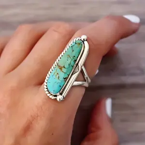 Vintage Geometric Water Drop Shaped Inlaid Turquoise Pattern Ring