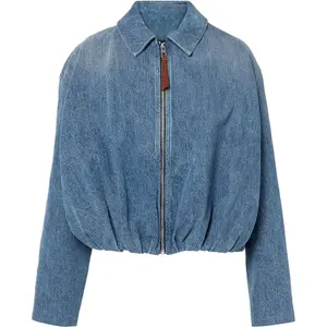 Women's Denim Bomber Jacket Zip Up Draped Loose Fit Collared Casual Lightweight Trendy Jean Jackets
