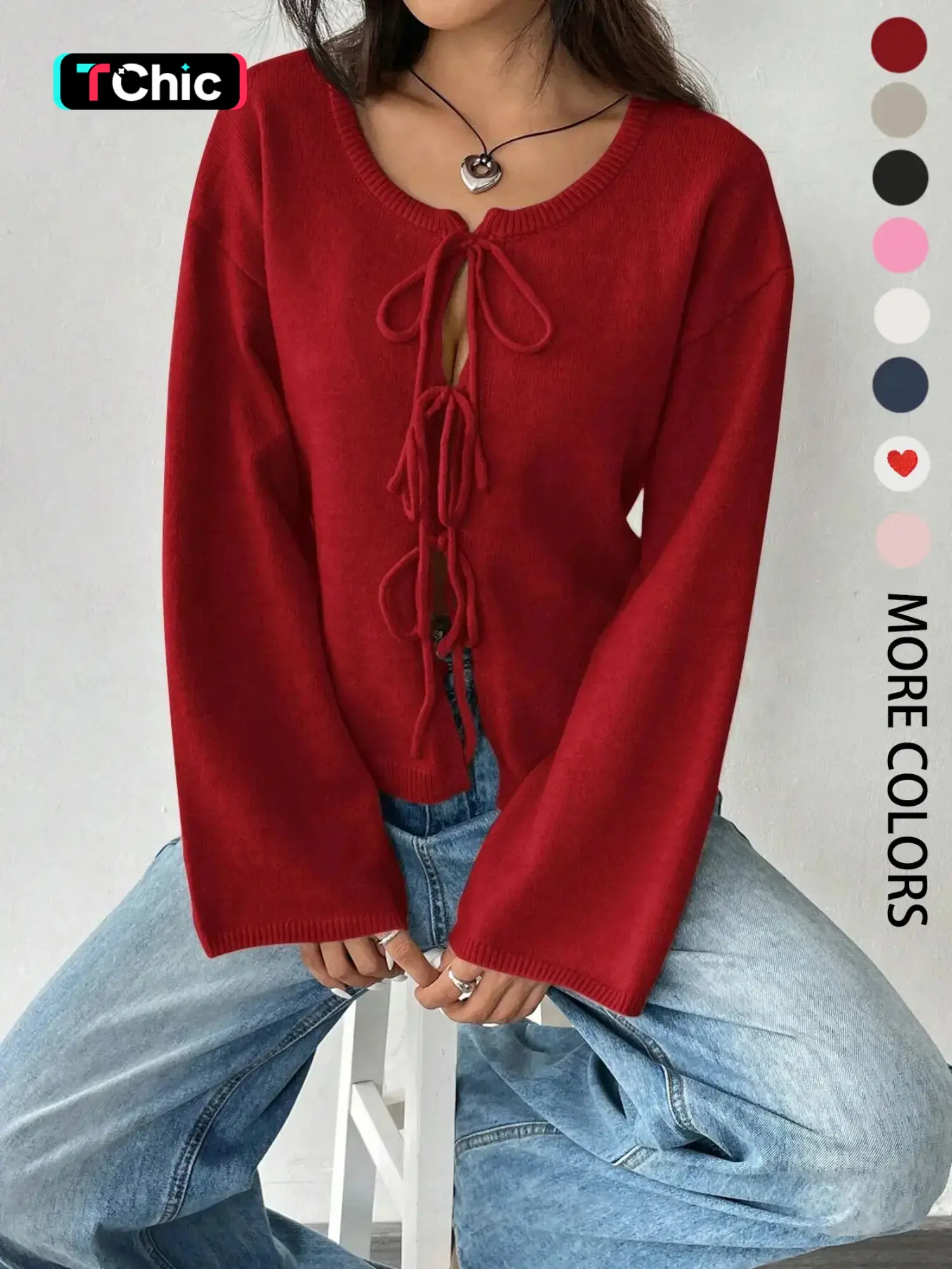 Women's Solid Tie Front Drop Shoulder Cardigan, Casual Basic Chic Long Sleeve Round Neck Jumper for Fall & Winter, Fashion Ladies' Knitwear for Daily