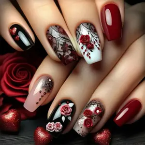 24pcs New Trendy Rose Fashion Women Detachable Wearable Nails, Stylish Nail Art Accessories, Perfect for Daily Use and Special Occasions, Flower Design Nails, Flower Nails