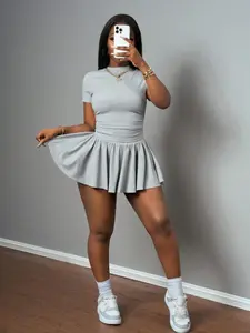 Two-piece Set Women's Solid Color Tee & Skort, Casual Short Sleeve T-shirt & Skort for Daily Wear, Ladies Clothes for Spring & Summer, Cute Summer Outfit