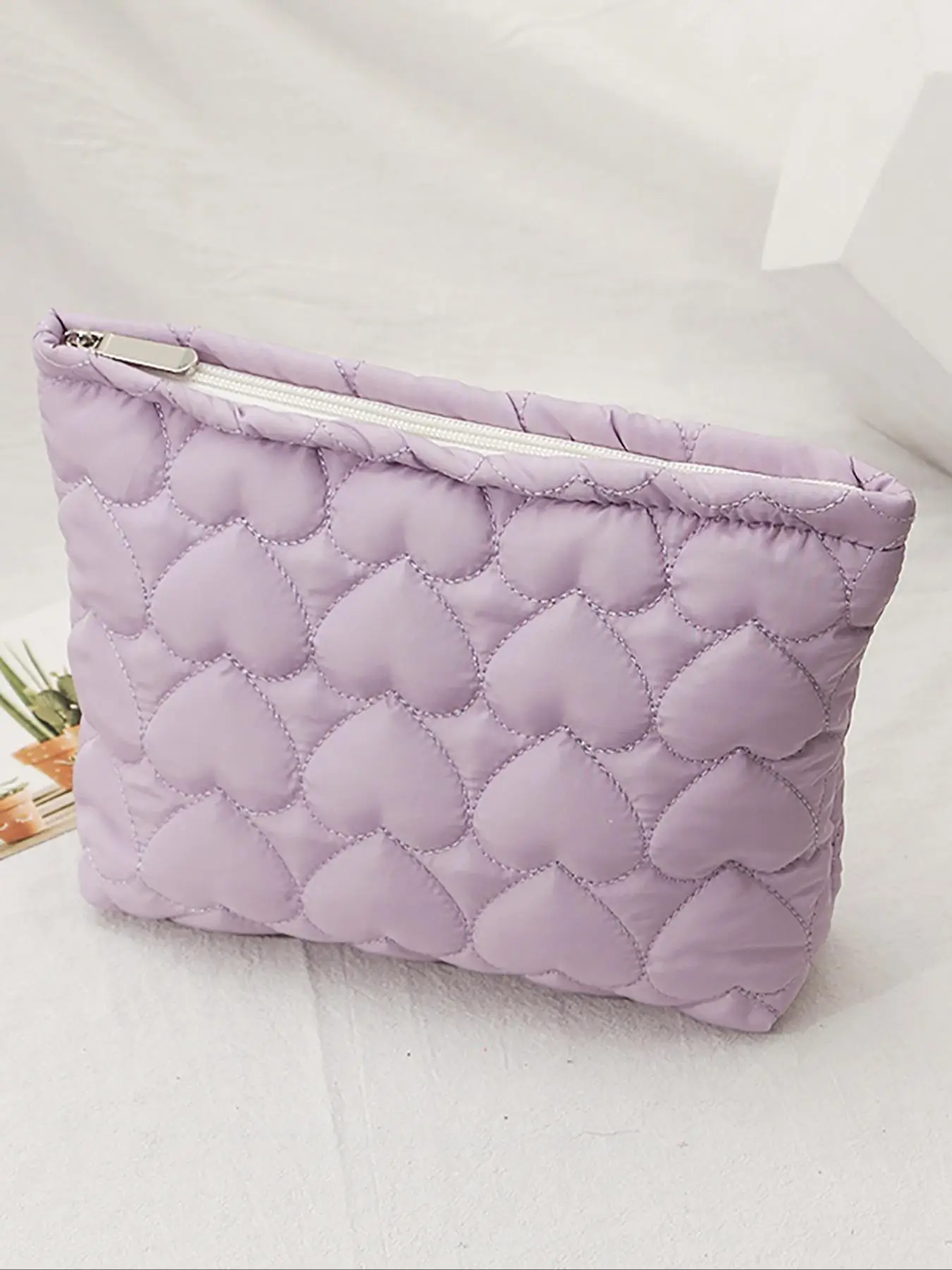 Fashion Spring Heart Quilted Heart Design Makeup Bag, Large Capacity Zipper Cosmetic Bag, Portable Travel Storage Bag for Women