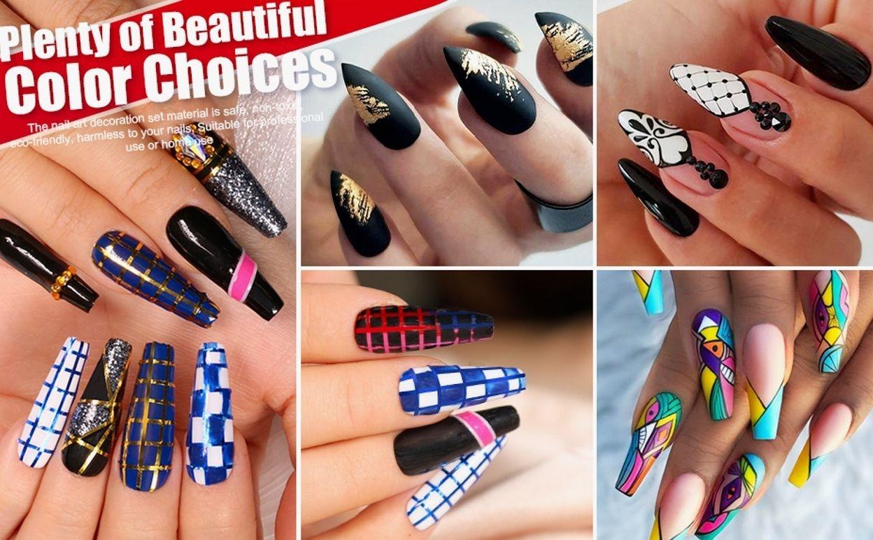 Stamp Nail Art Tool with 15pcs Nail Painting Brushes, Nail Dotting Tool, Nail Foil, Manicure Tape, Color Rhinestones for Nails-Black