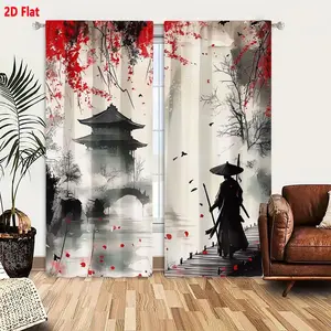 2D Flat  Japanese Samurai Art Style Black White Red Ink Wash Painting Curtain 2-Piece Set, Traditional East Asian Pagoda & Bridge Design, Light Filtering Home Decor for Living Room Bedroom