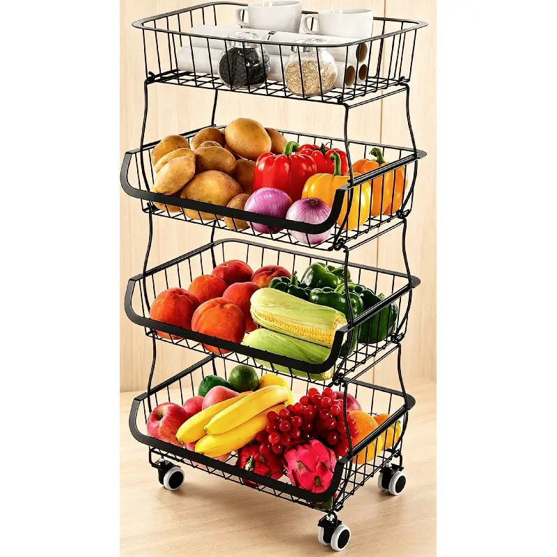 4-Tier Adjustable Steel Standing Storage Basket with Movable Wheels & Buckle, Heavy-Duty Rolling Wire Organizer for Kitchen Pantry Indoor Recreation Supplies