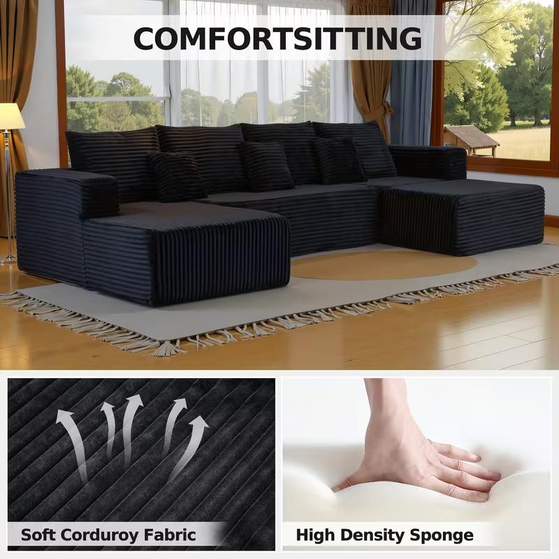 [3 Packages Shipped] U-shaped Modular Sectional Sofa, Compressed Corduroy Fabric, Modern Style Living Room Sofa Bed, Space-Saving Recliner Design - Convertible Corduroy Sectional Sofa，midnight madness sectional