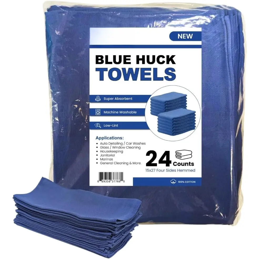 Blue Huck Towels - 24 Count Super Absorbent 15x27 inch Bulk Towels for Glass Mirrors & General Cleaning Durable Machine Washable Low Lint Cloth