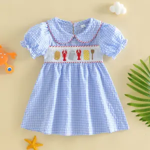 Toddler Baby Little Girl Summer Gingham Dress Lobster Embroidered Short Sleeve Doll Collar A-line Dresses 6M-4T