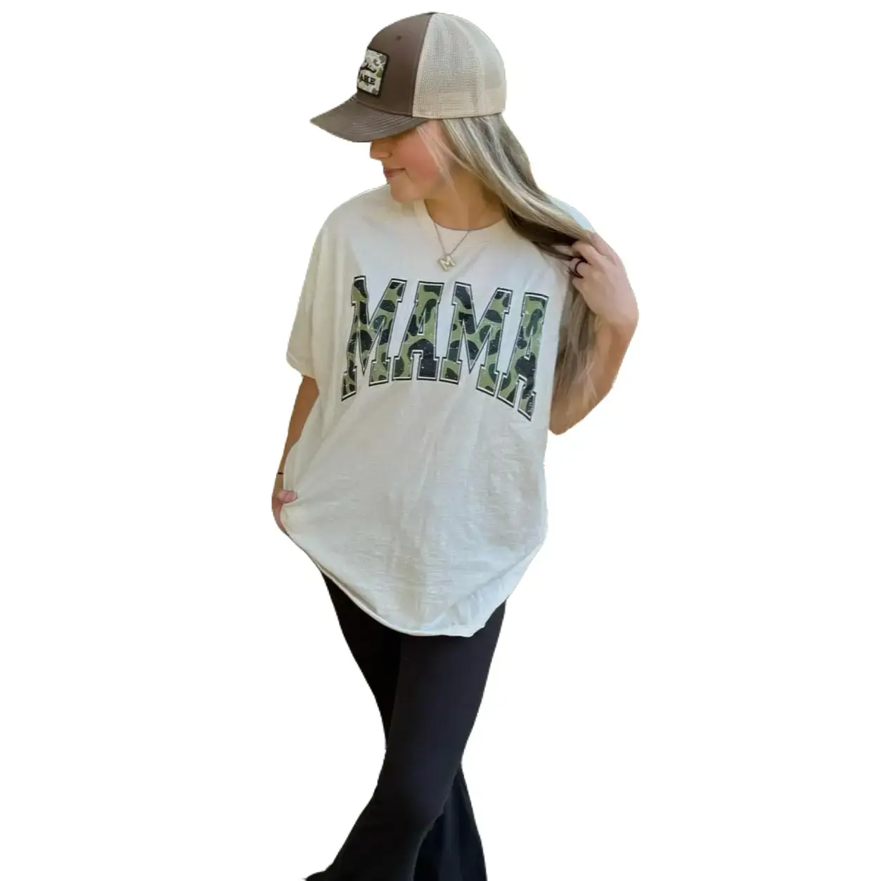Mama Camo Varsity On Natural Tan Cotton T-shirt plus sized options Womenswear Comfort Fit graphic tees cute shirts