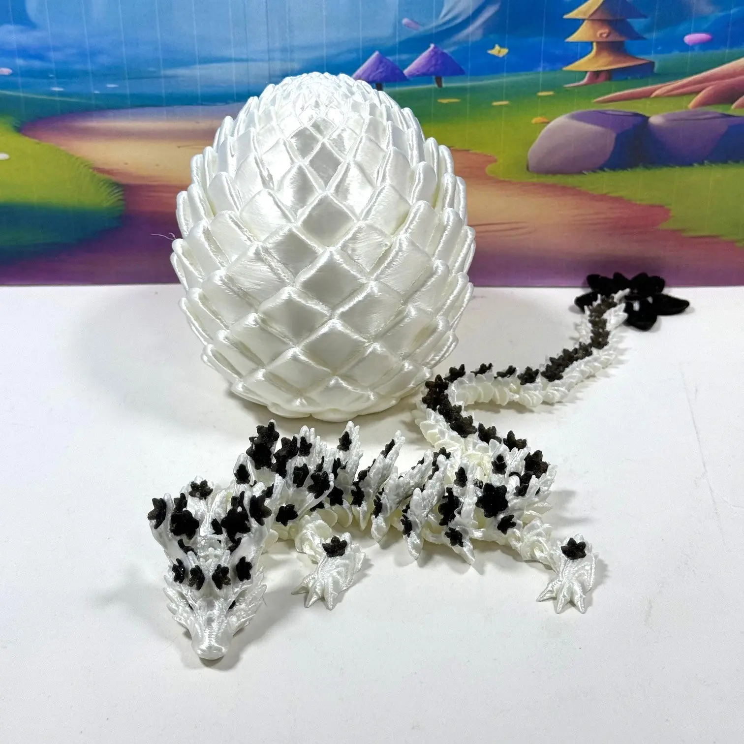 Articulated White and Black Cherry Blossom Dragon, 3D Printed Dragon with Egg, 12 Inches Fidget ADHD Autism Toy D079-WE