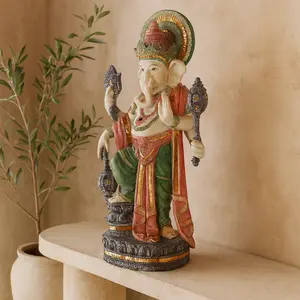 Ganesh Gold Resin Decorative Sculpture with Green, Blue, and Red Accents