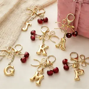 Letter Keychain with Bow & Cherry Pendant, Cute Fashion Key Chain for Handbags, Backpacks, Wallets Accessory Gift, Ideal for Women Girls Student, Suitable for Birthday, Wedding, Valentine'S Day Gifts