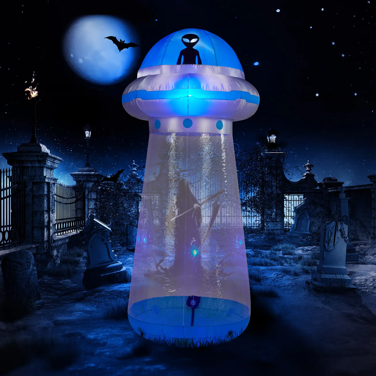 (High end and high-quality)8.8 FT Halloween Inflatable UFO Yard Decoration, Fun Tall Blow up Yard Decor with Built-in LED Lights and Stand Inside Design for Holiday Party Yard Lawn Garden Decor Indoor Outdoor Plastic Set Spooky Water Proof
