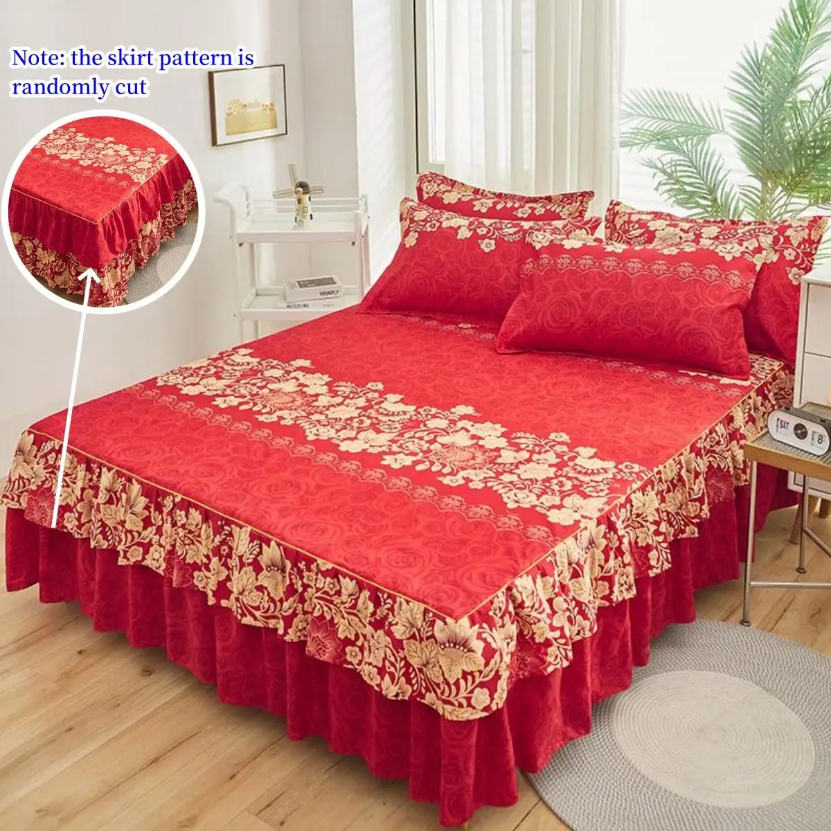 Bedroom Decor Multi-size Floral Print Bed Skirts & 2 Counts Pillowcase without Filler, 1 Count Double Layer Bed Skirt, Dust Proof Mattress Cover, Summ