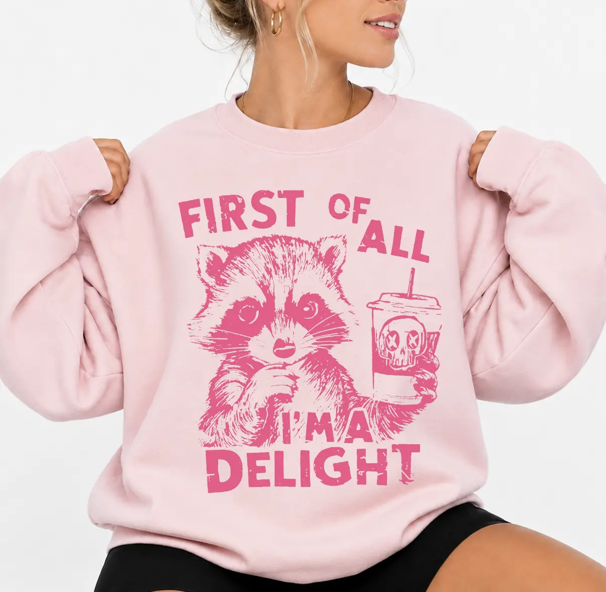 Women's Cute Vintage Printed Cotton Fitted Round Neck Long Sleeve Casual Hoodie - "First Of All I'm a Delight" Funny Raccoon Female Character Print Pullover Tops, Sarcastic Style, Full Sizes, Full Colors, Casual Hoodies & Sweatshirts